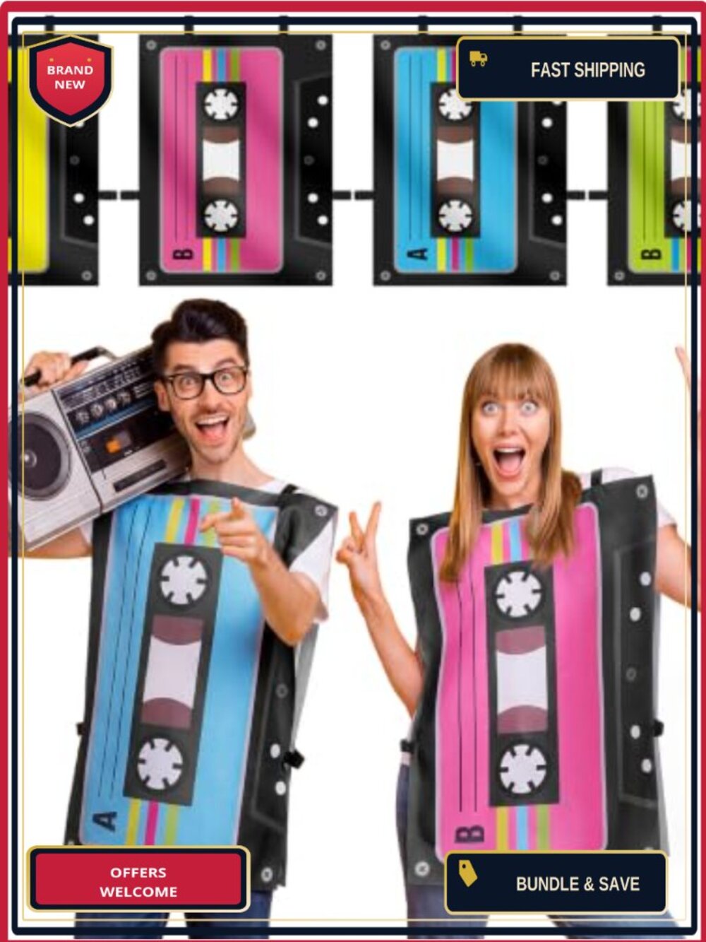 Retro Cassette Tape Costume Vest Set 4 Pack Polyester Adult 80s 90s Party